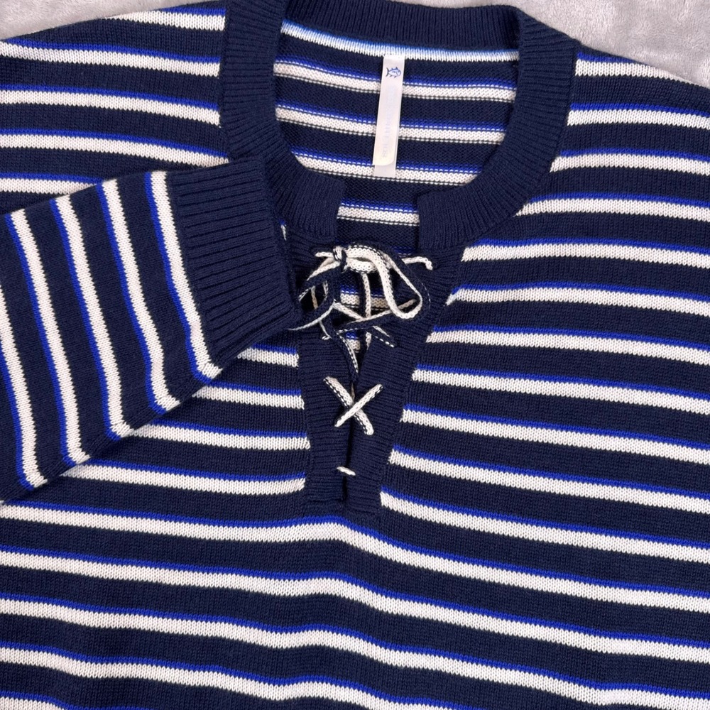 Southern Tide Raelyn Tie Neck Sweater Womens L Navy Blue Striped NEW